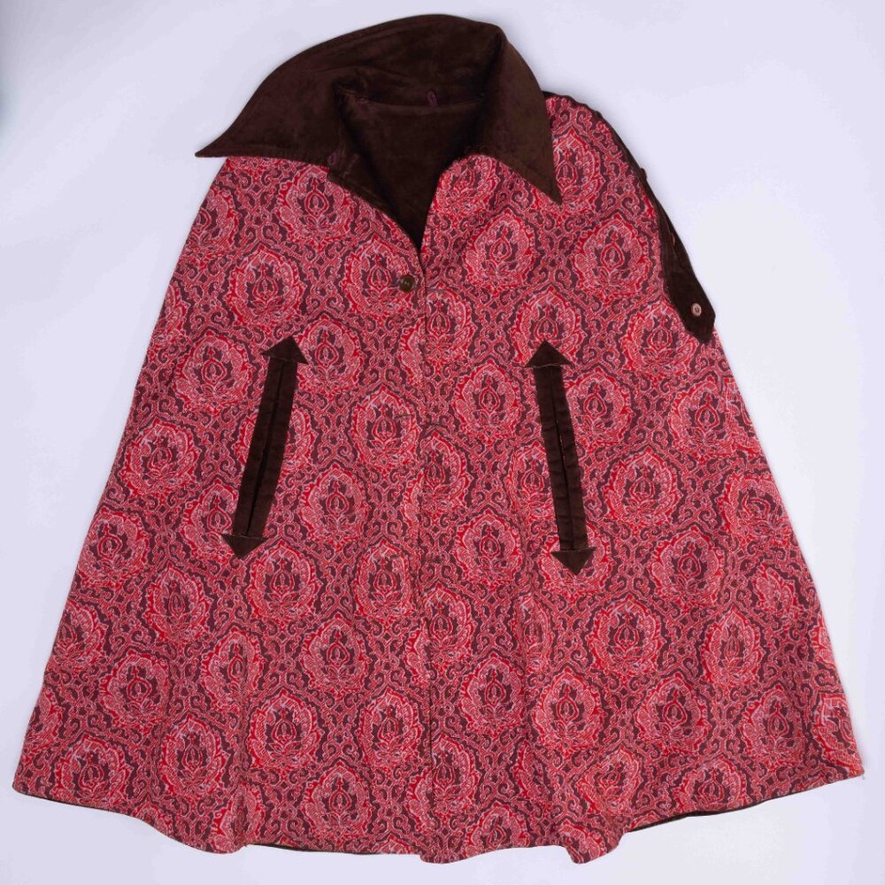 Vintage 1960’s Brown Velour and Red Damask Paisley Pattern Cape